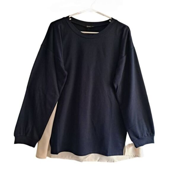 Very J Two Tone Long Sleeve Blouse Navy Ivory Medium - Picture 3 of 9